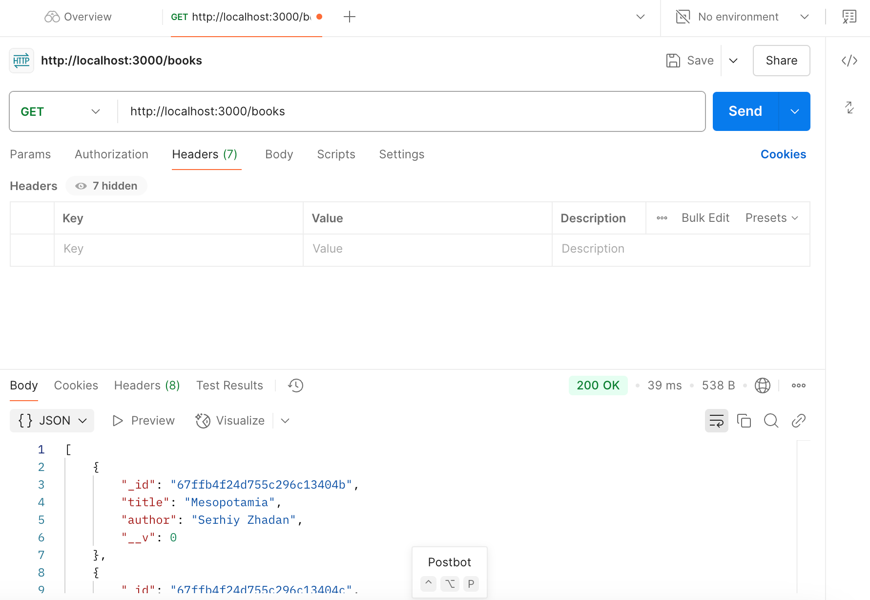 Screenshot of Postman retrieving book data