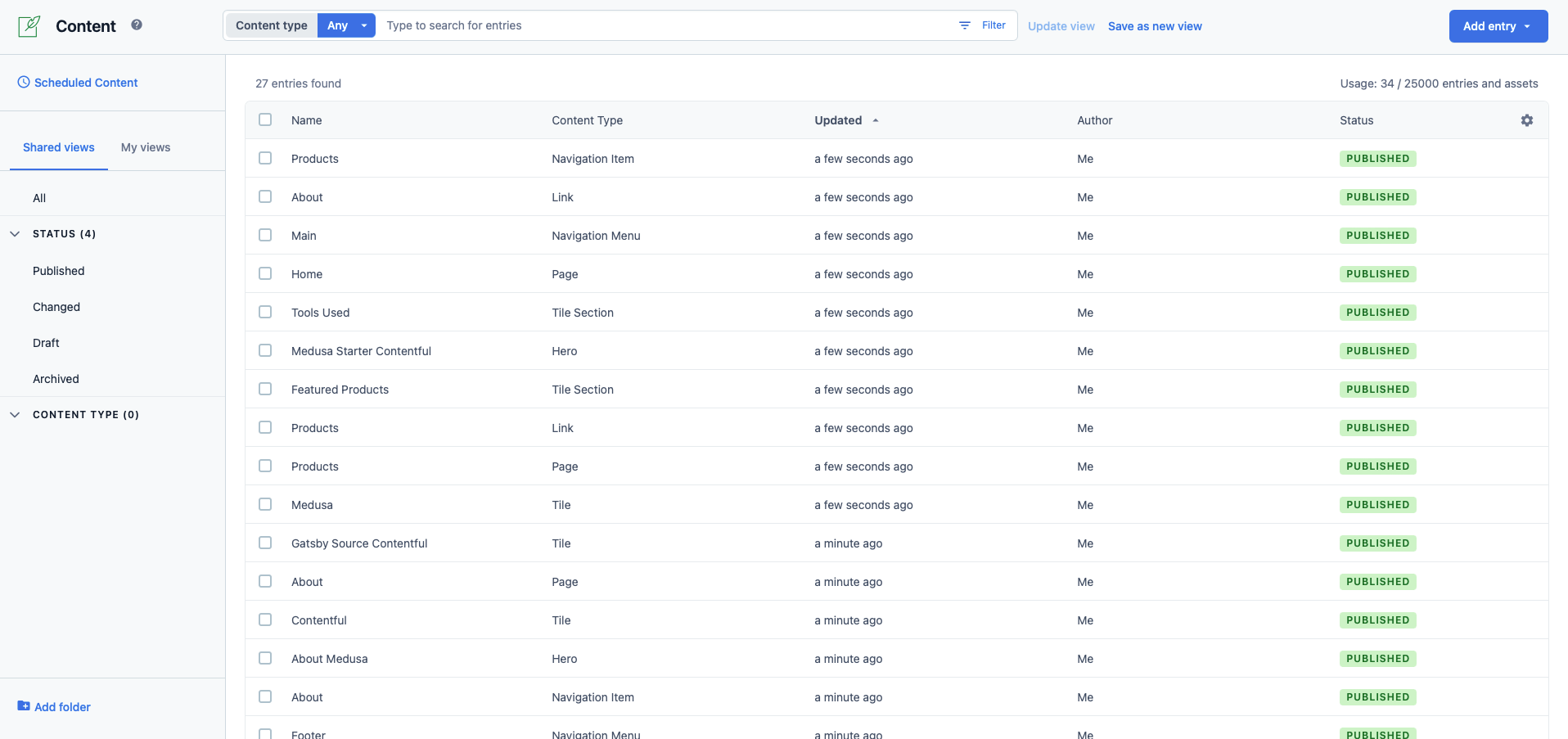 After the command runs successfully, you can find the Contents page filled with data of different Content Types.
