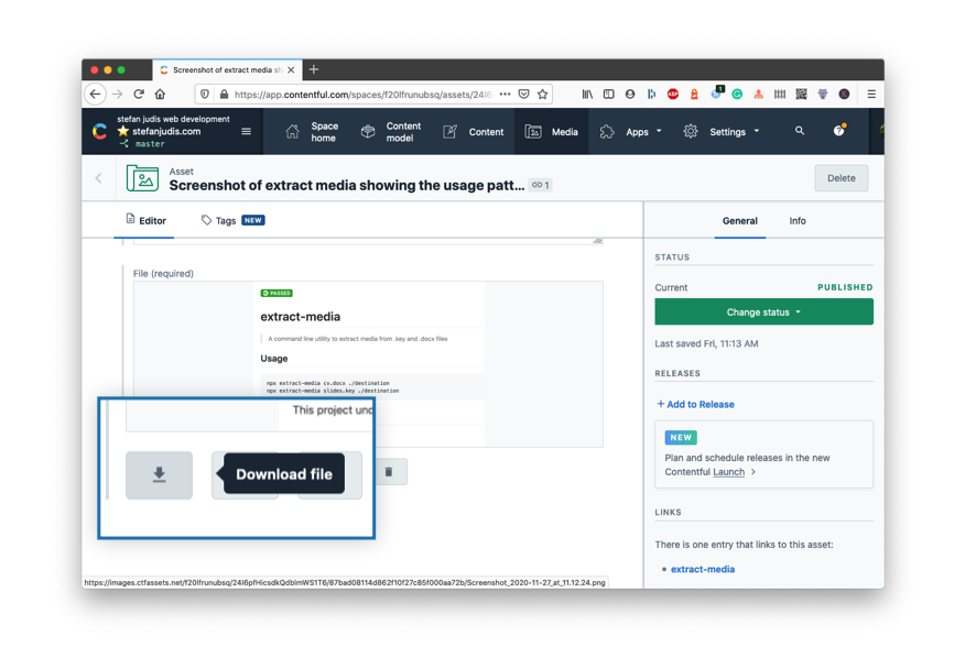 Screenshot emphasizing the Download file button in the Contentful App