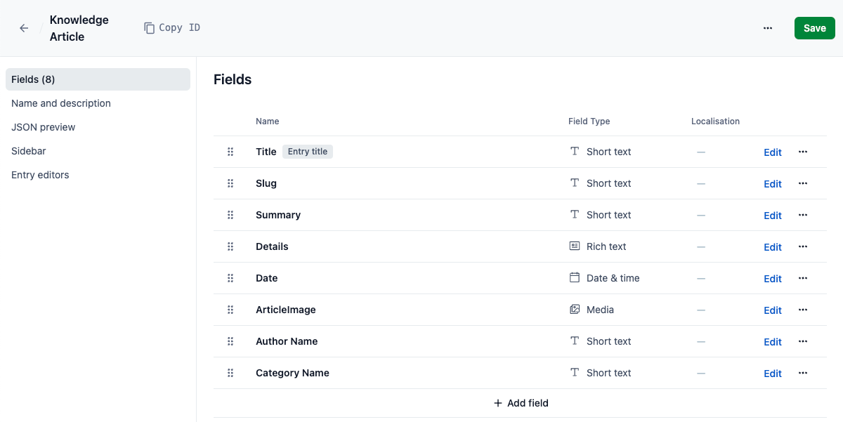 Add the following fields to the content model.