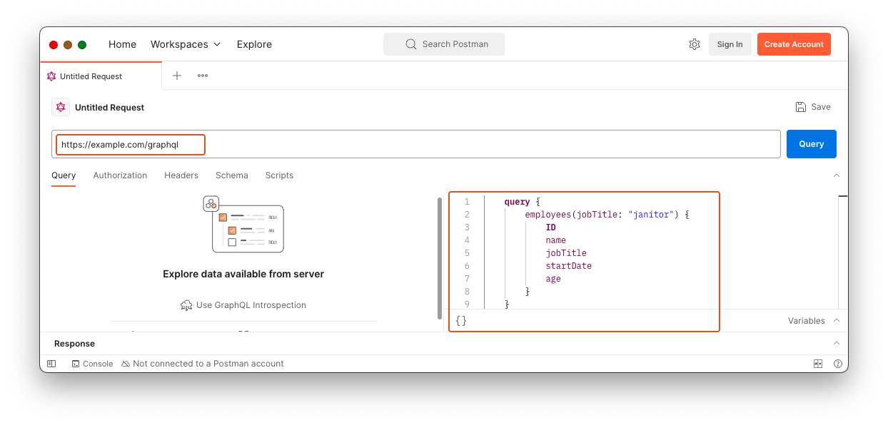 Enter your GraphQL query into the Query box