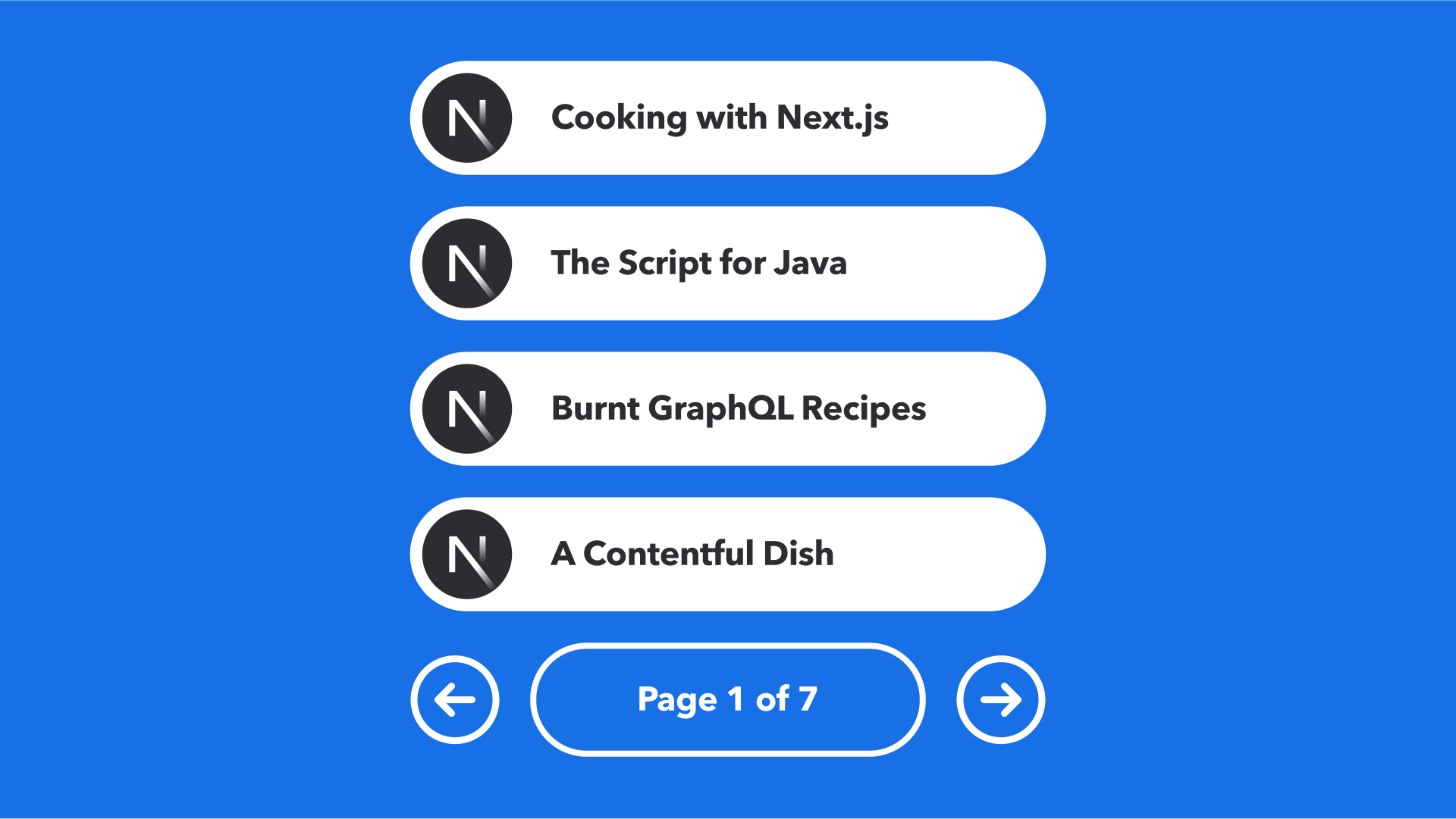 Menu page showing four programming-related topics with Next.js logo icons, including navigation arrows and page counter showing 1 of 7
