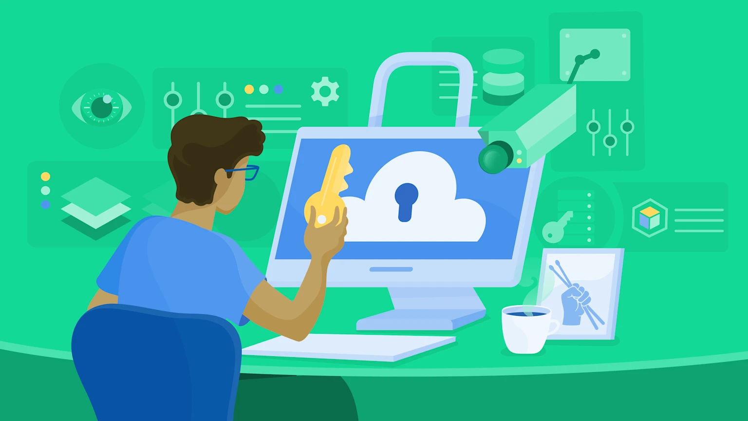 Man holding a key to the cloud security lock on his laptop