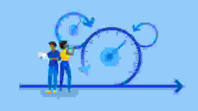 Illustration of two individuals working, with clocks and vectors in the bacground, representing scrum practices