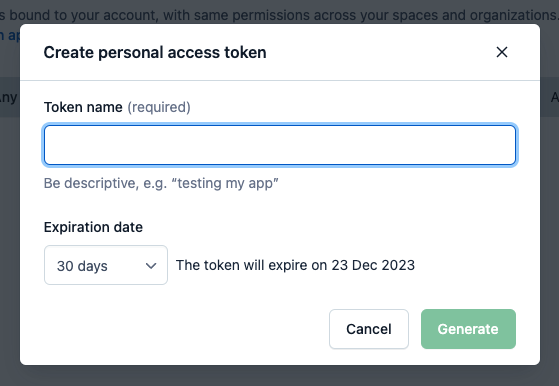 Inside the CMA tokens section, click the Create personal access token button and create a token with the desired name and expiration date.