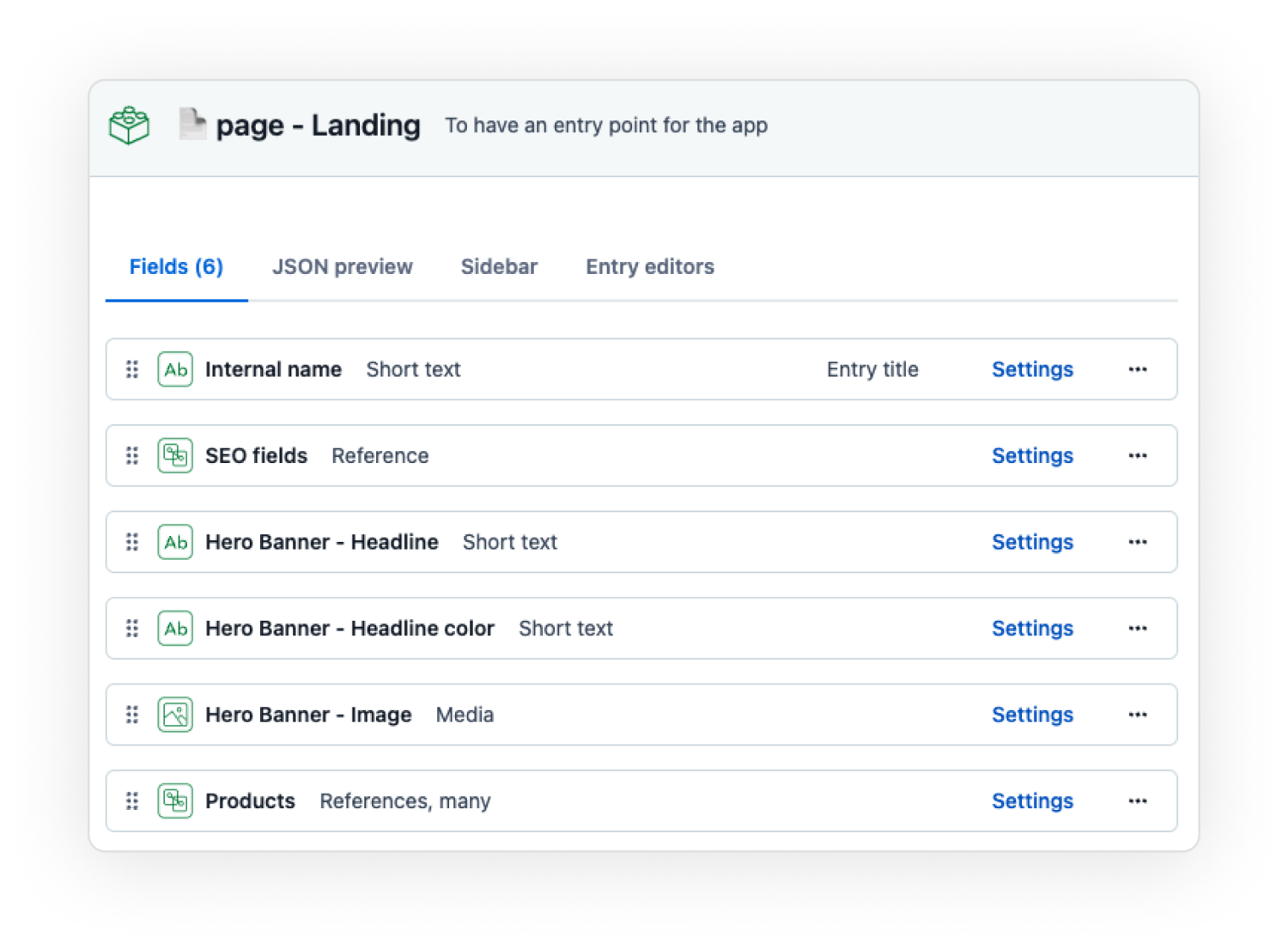 Screenshot of the ecommerce template content model