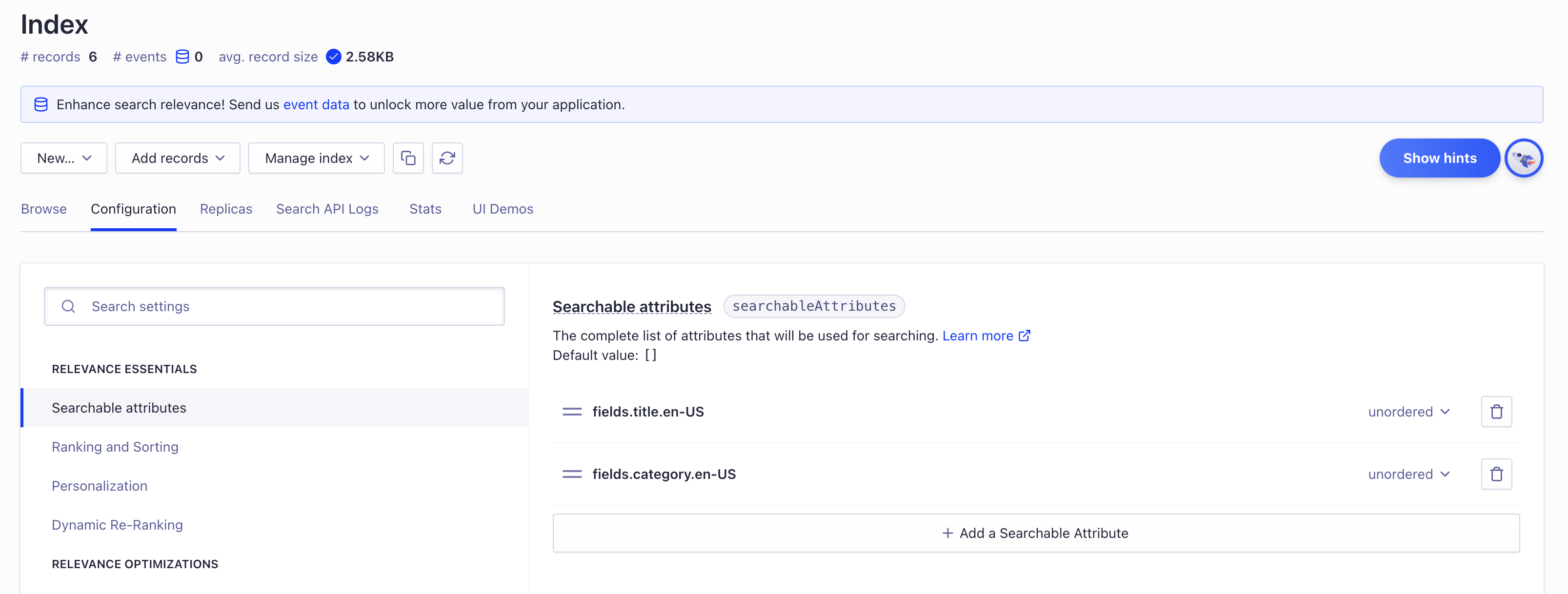 screenshot Algolia index searchable attributes config
