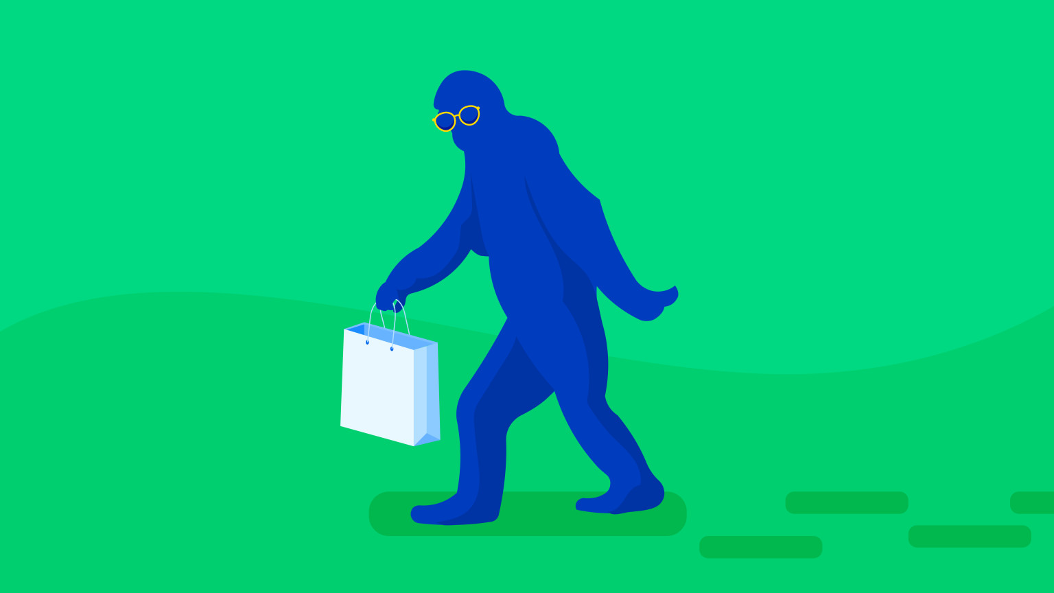 Illustrated graphic of a bigfoot carrying a shopping bag and wearing glasses, signifying headless commerce myths