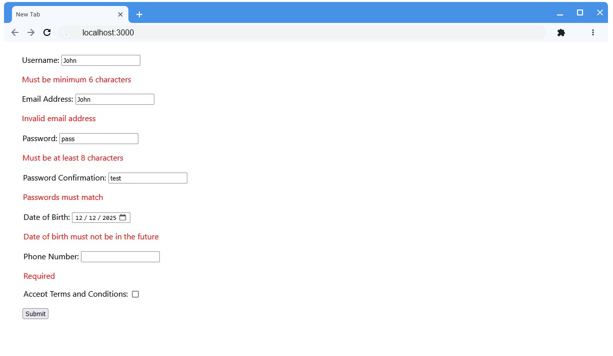 Yup schema validation example