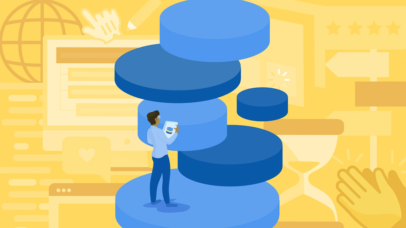 An illustration of a person standing in front of a stack representing headless architecture