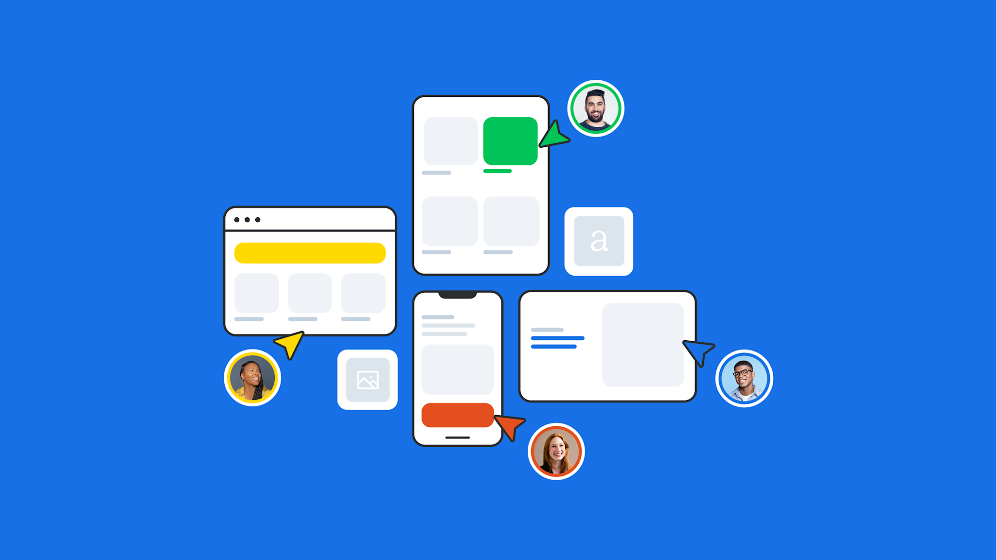 Illustration of a messaging interface with multiple chat bubbles and profile avatars scattered across a blue background