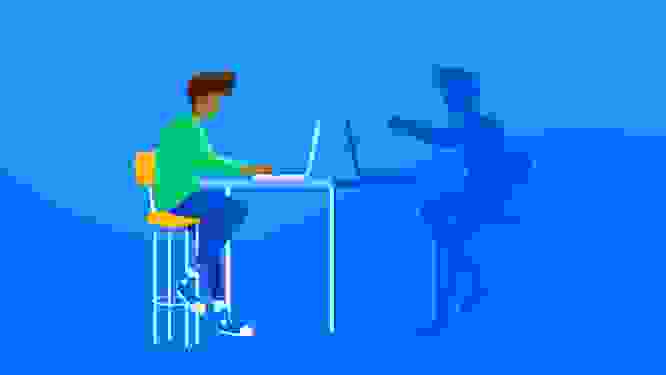 Illustration of a designer working opposite their shadow, signifying working with impostor syndrome