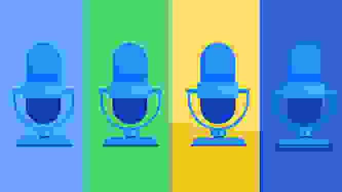 Illustrated graphic of four microphones against a colored backgrounds