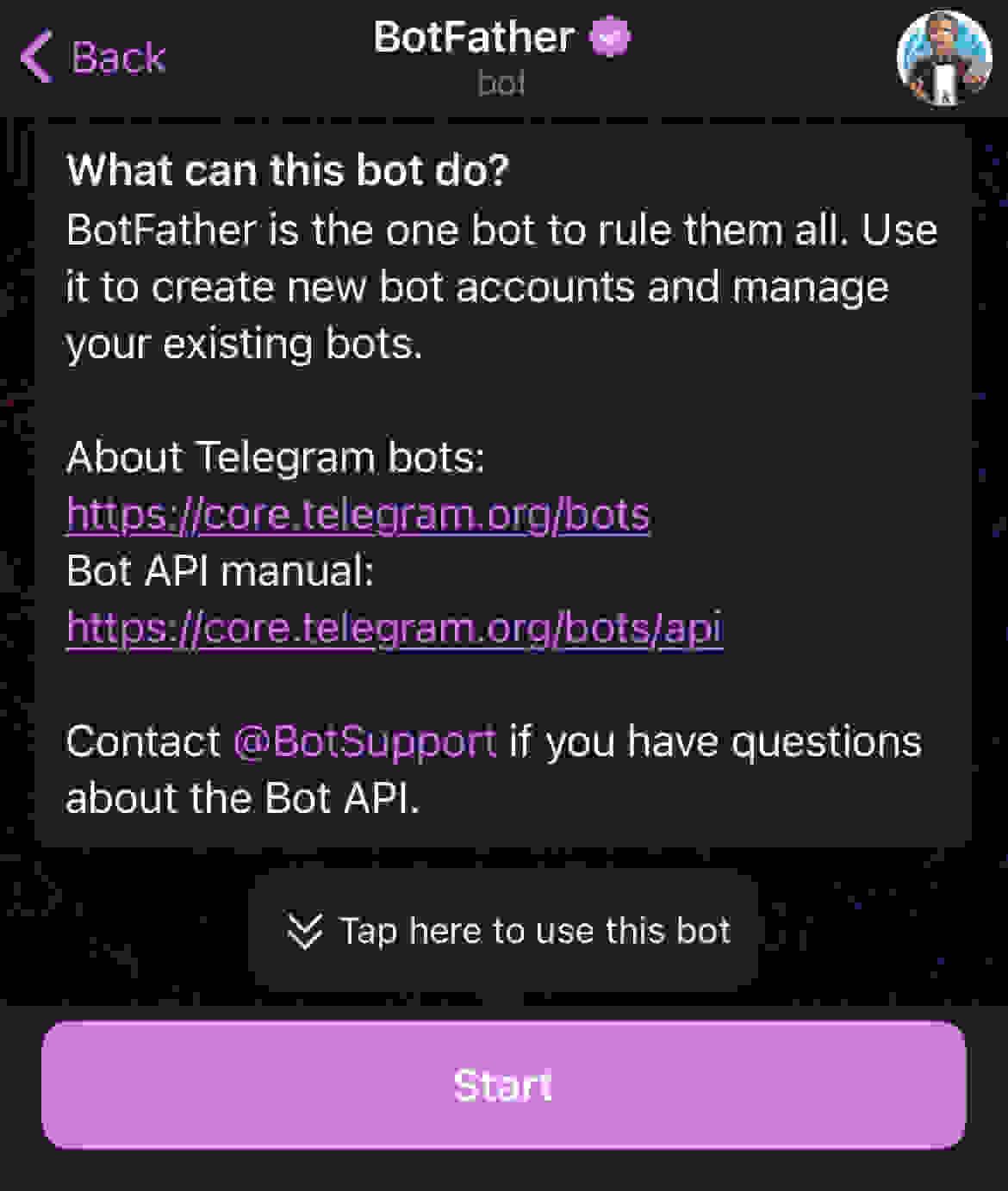 Once selected, we'll need to perform the following operations. If it's the first time accessing the bot, click on the Start CTA.