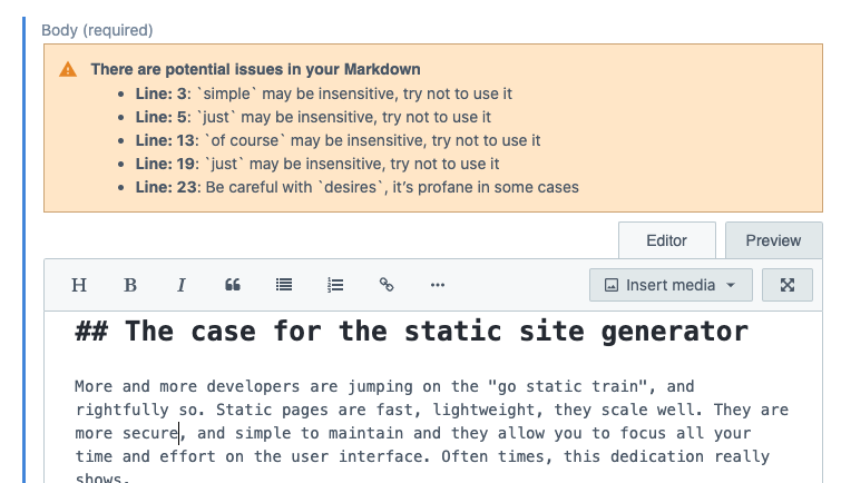 A screenshot of a markdown editor displaying several potential issues in Markdown