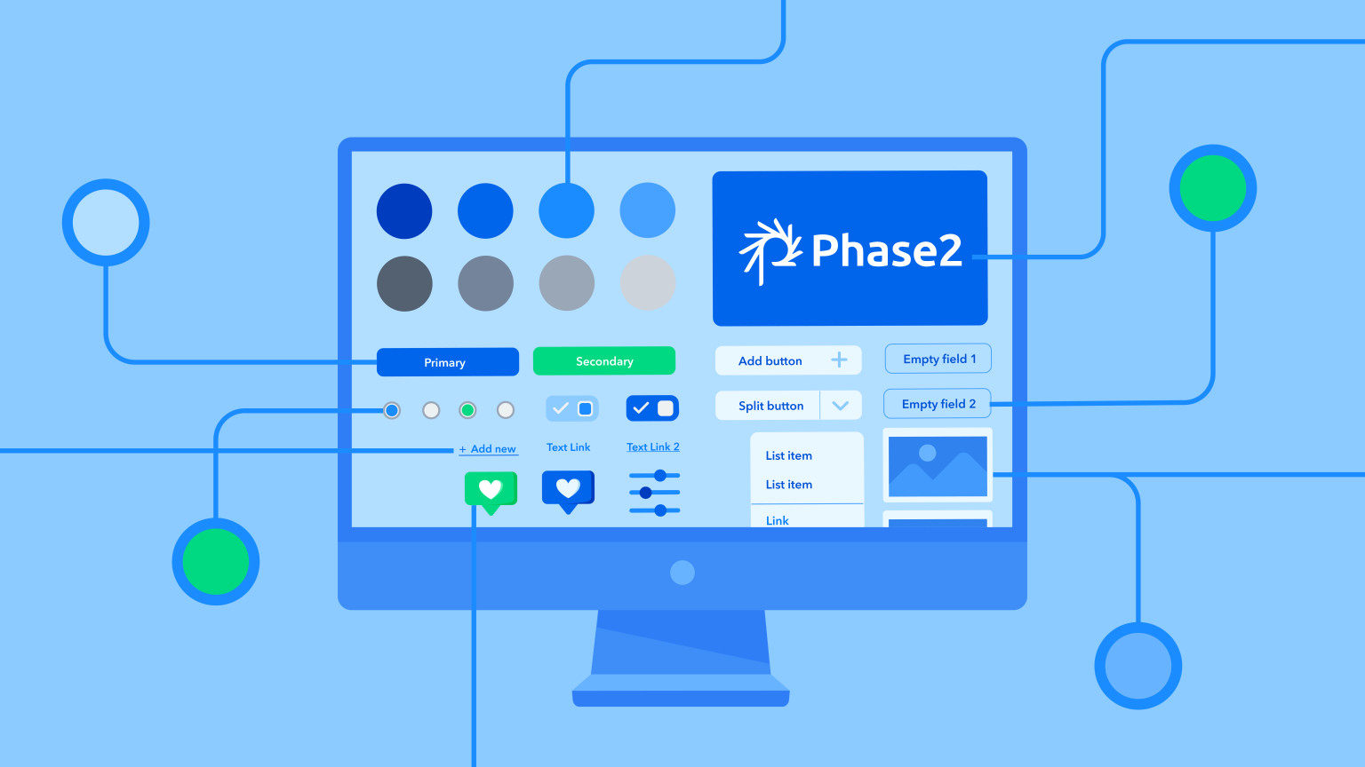 Illustration of a computer screen with a Phase 2 logo and a design interface