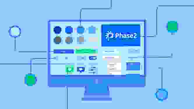 Illustration of a computer screen with a Phase 2 logo and a design interface