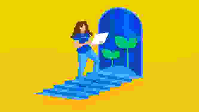 Illustartion of Enxhi standing on a ladder leading to  door, wearing a Contentful tshirt and holding a laptop
