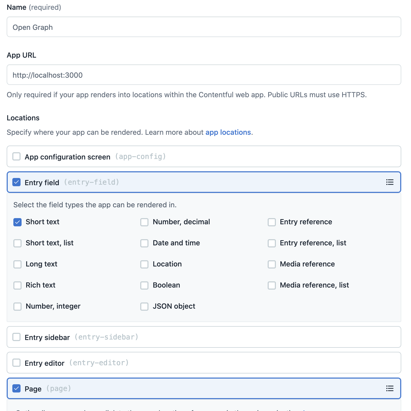 Creating a new app definition in Contentful