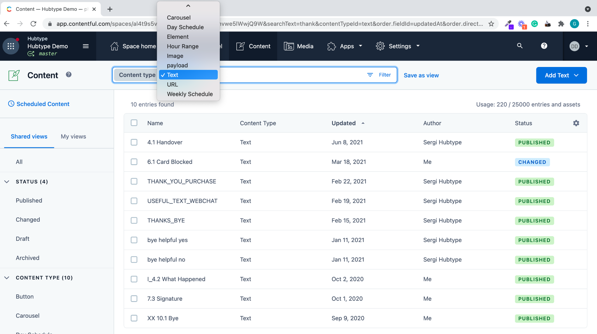 Screenshot of HubTypes Contentful content model