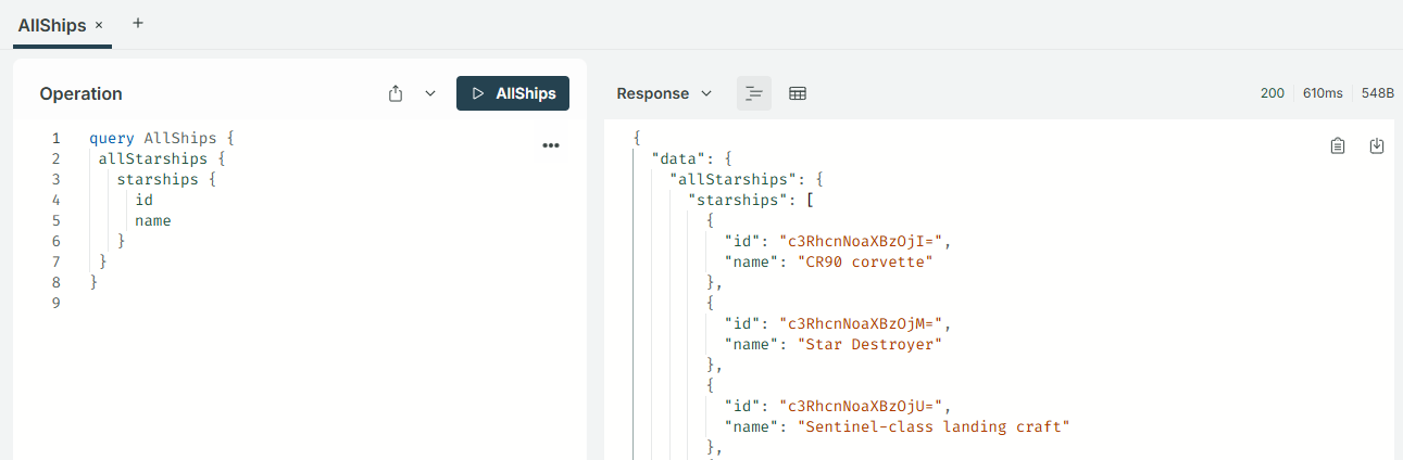 Running the AllShips query will return a number of starships in the response.