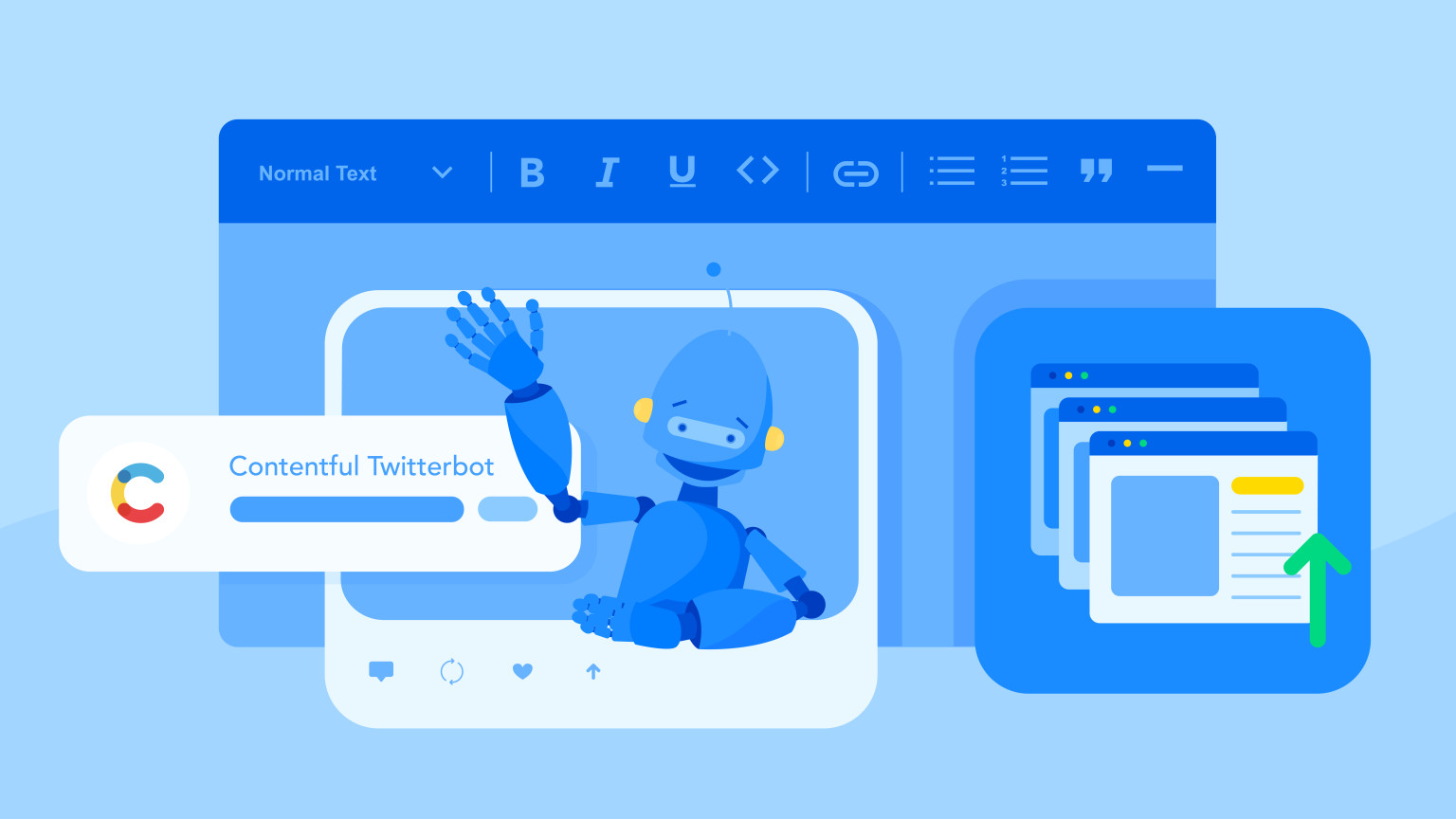 Illustration of a robot waving hello from the screen, wiht the Contentful web app on it