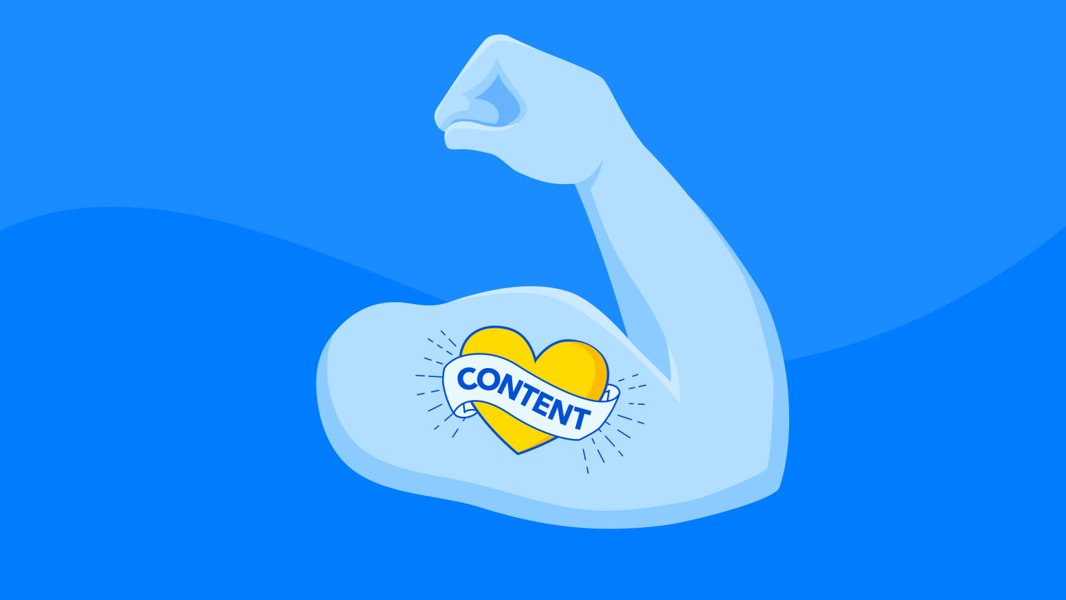 An illustration of a large biceped hand, with a tattoo thats says content on it, signifying empowering digital content creators