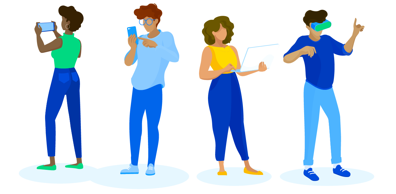 Illustrated icon of different people interacting with digital devices