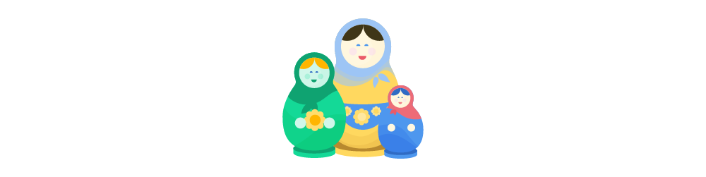 Illustration of three Matryoshka nesting dolls standing together, smiling