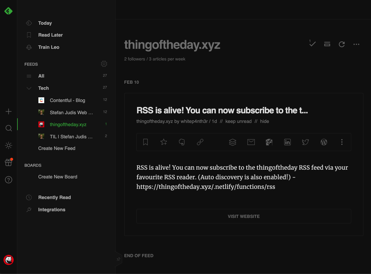 Screenshot of the thingoftheday view in reader