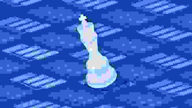 Illustration with a king chess piece moving across a patterned background, representing content modeling strategy
