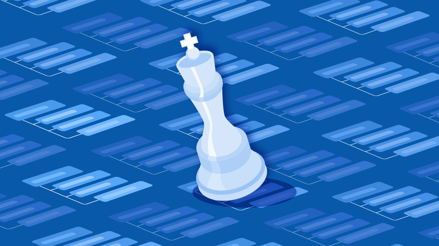 Illustration with a king chess piece moving across a patterned background, representing content modeling strategy