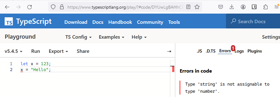 An example of a type error being caught by TypeScript before the code has been run.