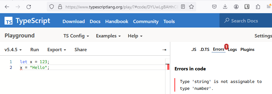 An example of a type error being caught by TypeScript before the code has been run.
