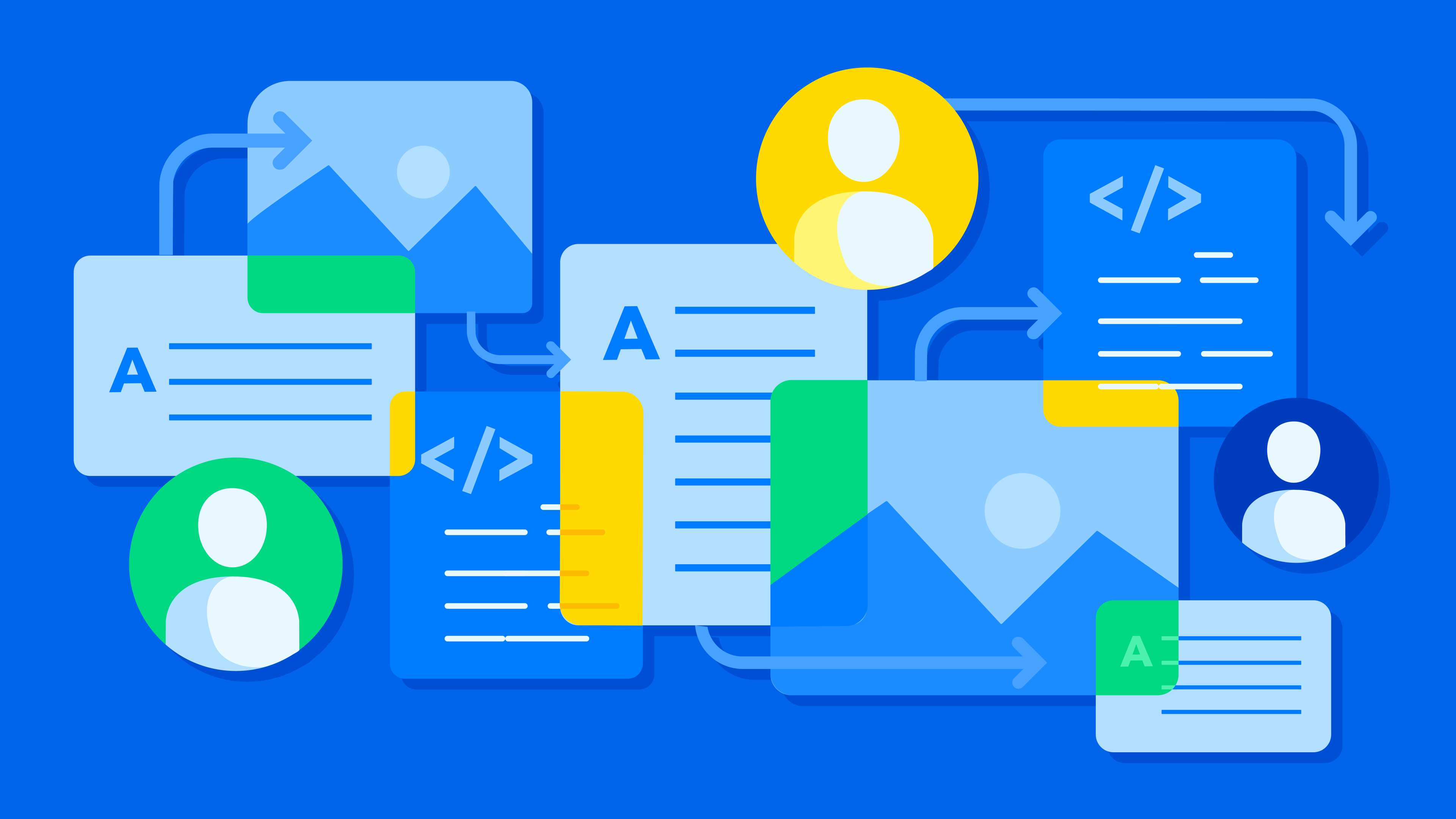 Illustrated graphic of content types, workflows and people who work on them