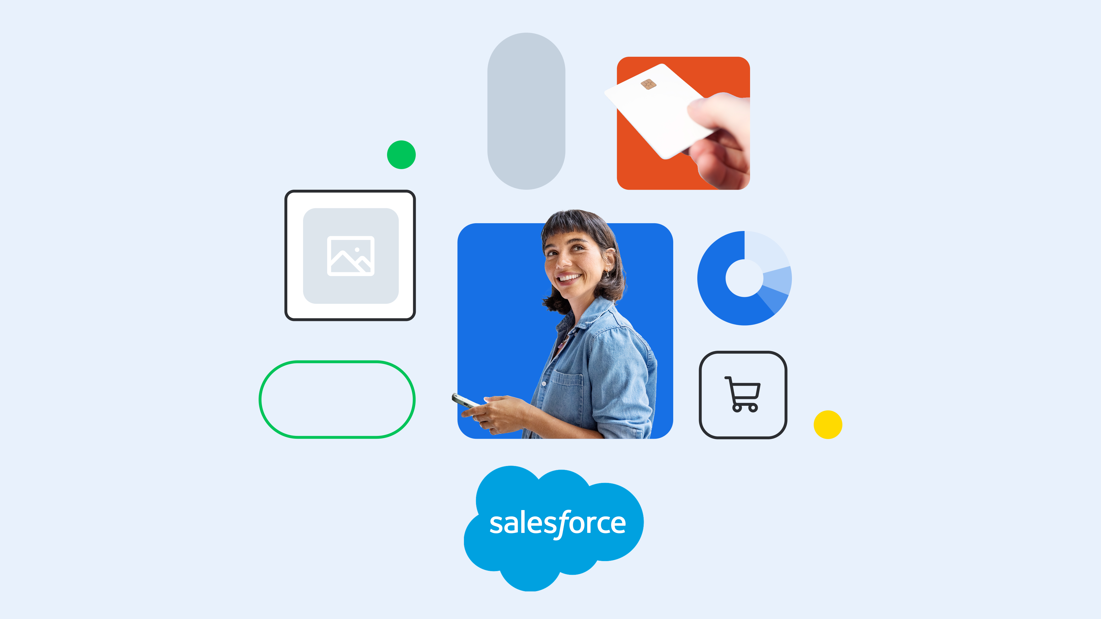 Salesforce interface mockup with icons for shopping, analytics, and payments, featuring a person using a mobile device against blue background
