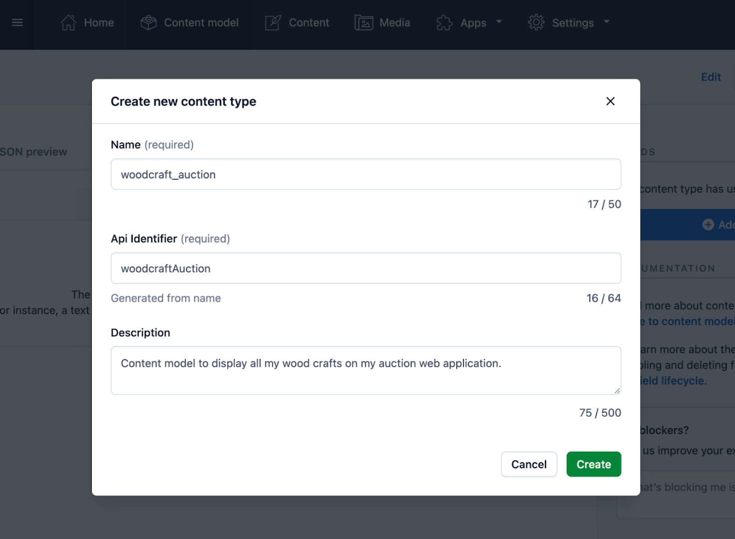 Using your browser, navigate to your Contentful dashboard. Create a space, then create a content model to store your data. We’ll be building an example auction application.
