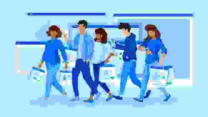 Illustrated graphic of a group of people walking with shopping bags in front of several open brower windows