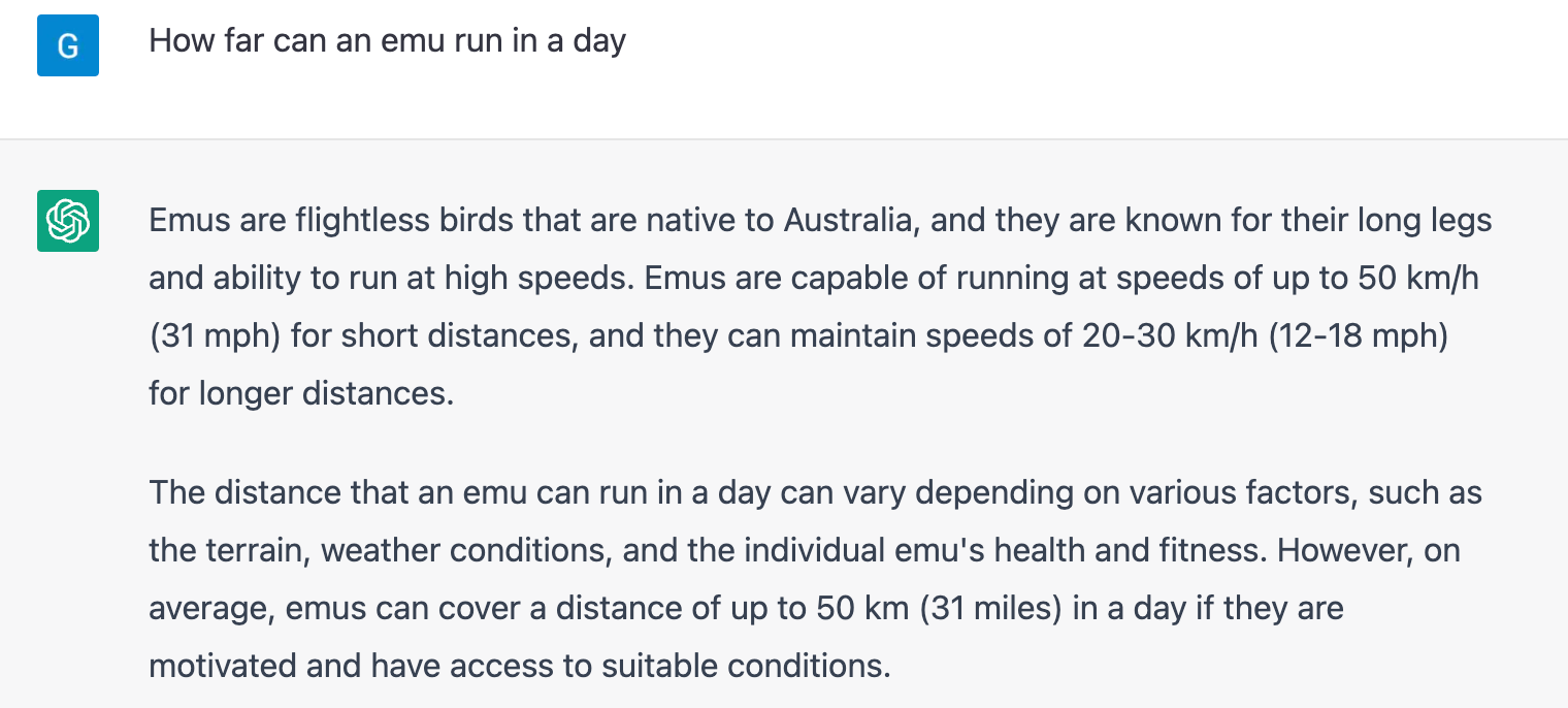 Screenshot of a ChatGPT conversation, asking "how far can an emu run in a day".
