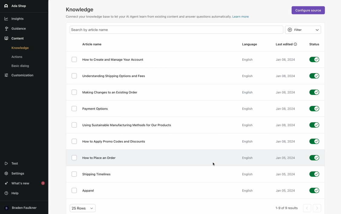 Using these details, Ada then pulls all relevant content in your Contentful space to use when training the AI Agent. 