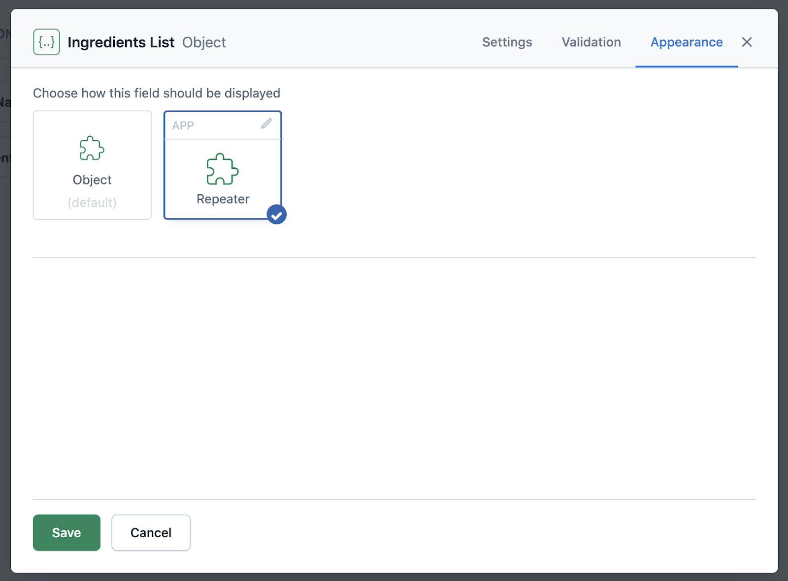 Creating a JSON field for the repeater app