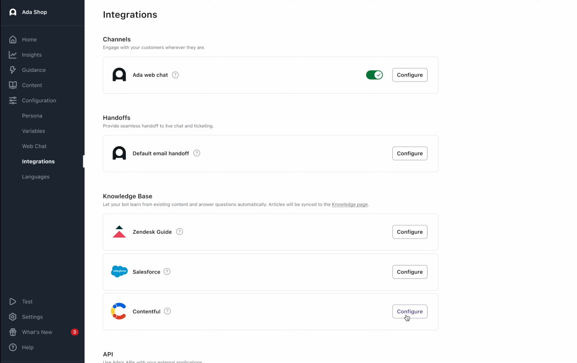 Onboarding Ada with Contentful data