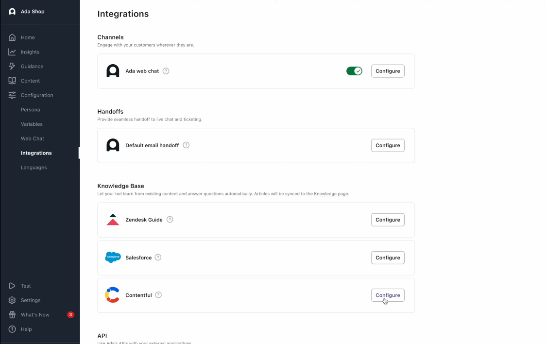 First, in the Ada dashboard, customers will configure their Contentful connector under Integrations.
