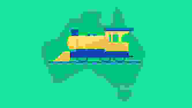 An illustration depicting a locomotive framed by the Austrlian continent outline. 