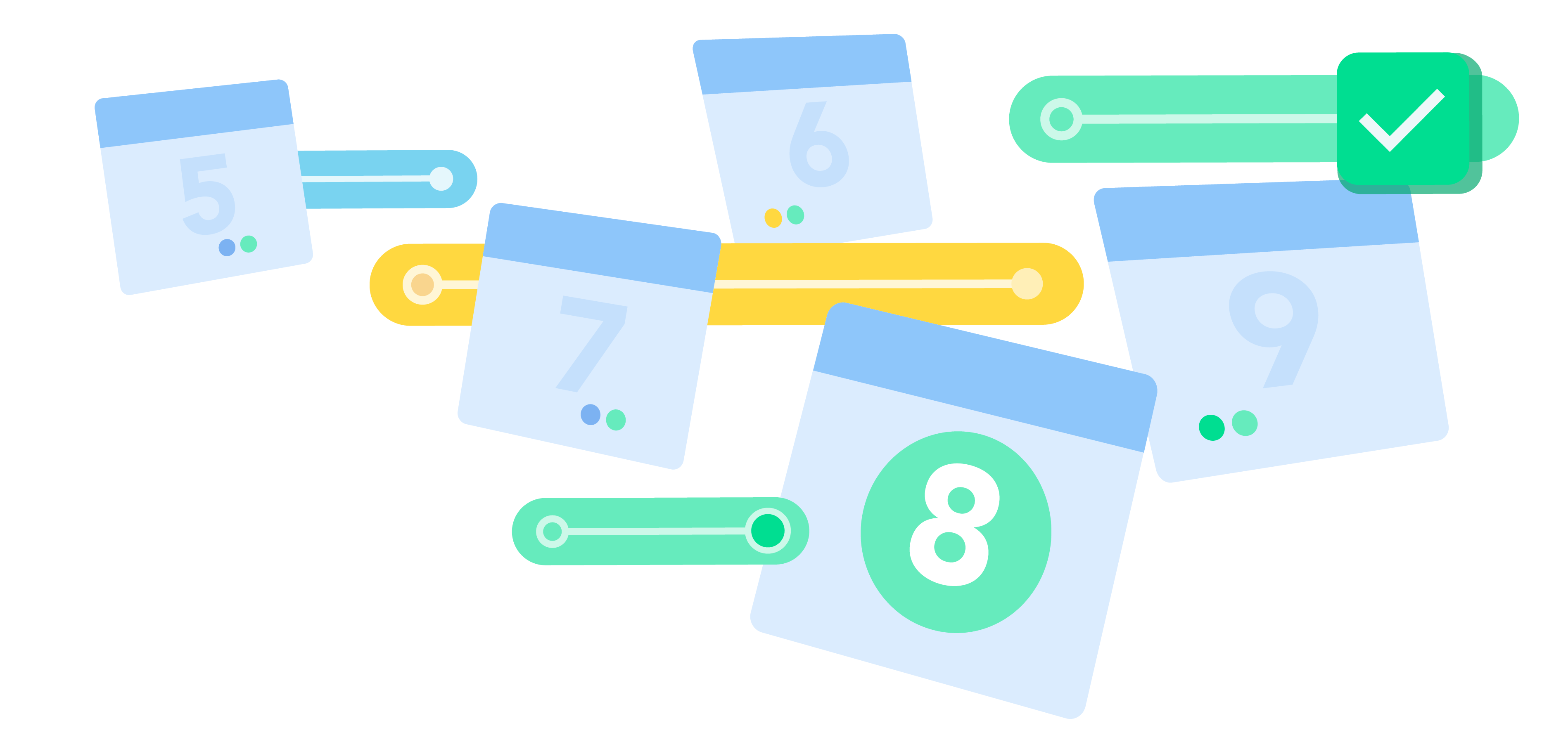 Illustration of Launch app scheduling functionality, represented by floating dates and timelines.