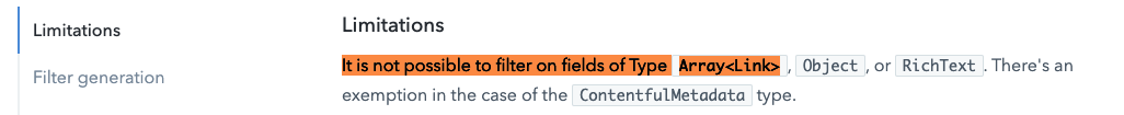 Screenshot of Contentful filter limitations