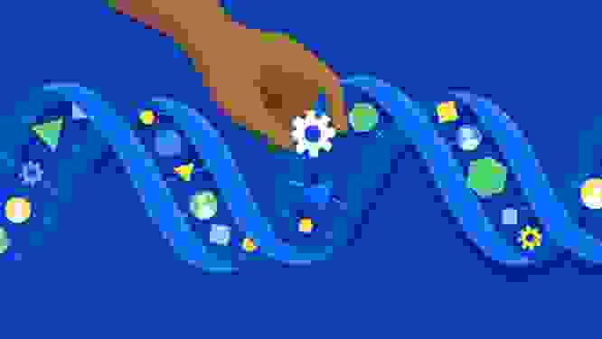 Illustration of a hand editing DNA, signifying the use of the builder ethos to build digital teams