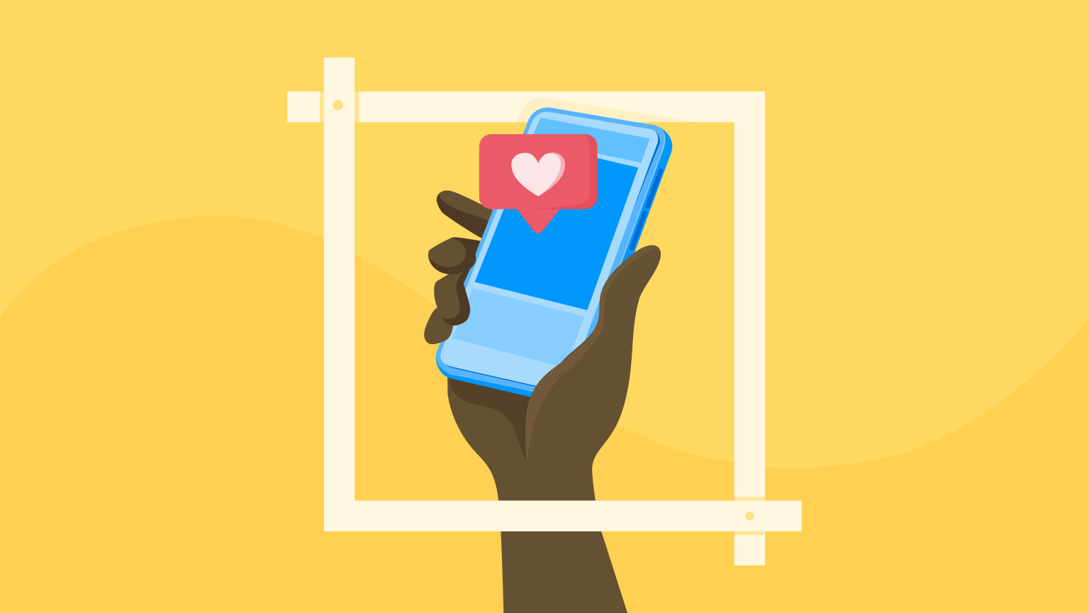 Illusration of a hand, holding a smartphone, with the image on the screen showing the heart emoji.