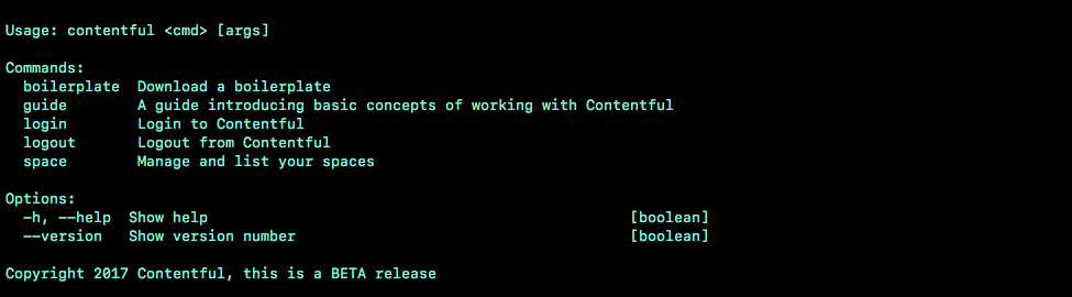 Contentful CLI tool contentful -h