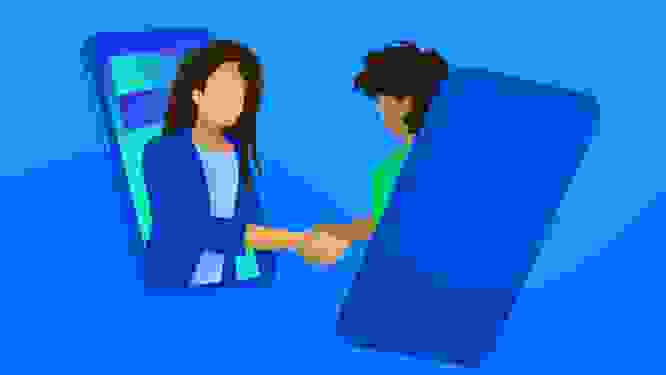 Illustration of two people shaking hands through their phone screens